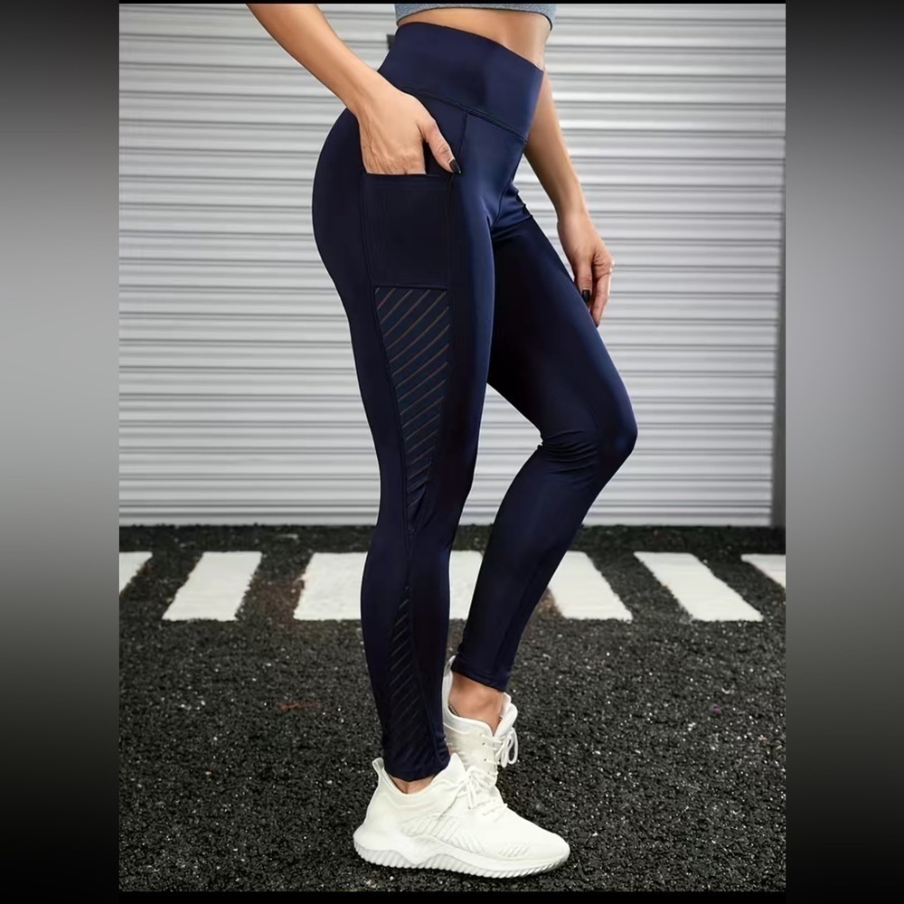 Navy High Waist athletic Leggings - Picture 3 of 5